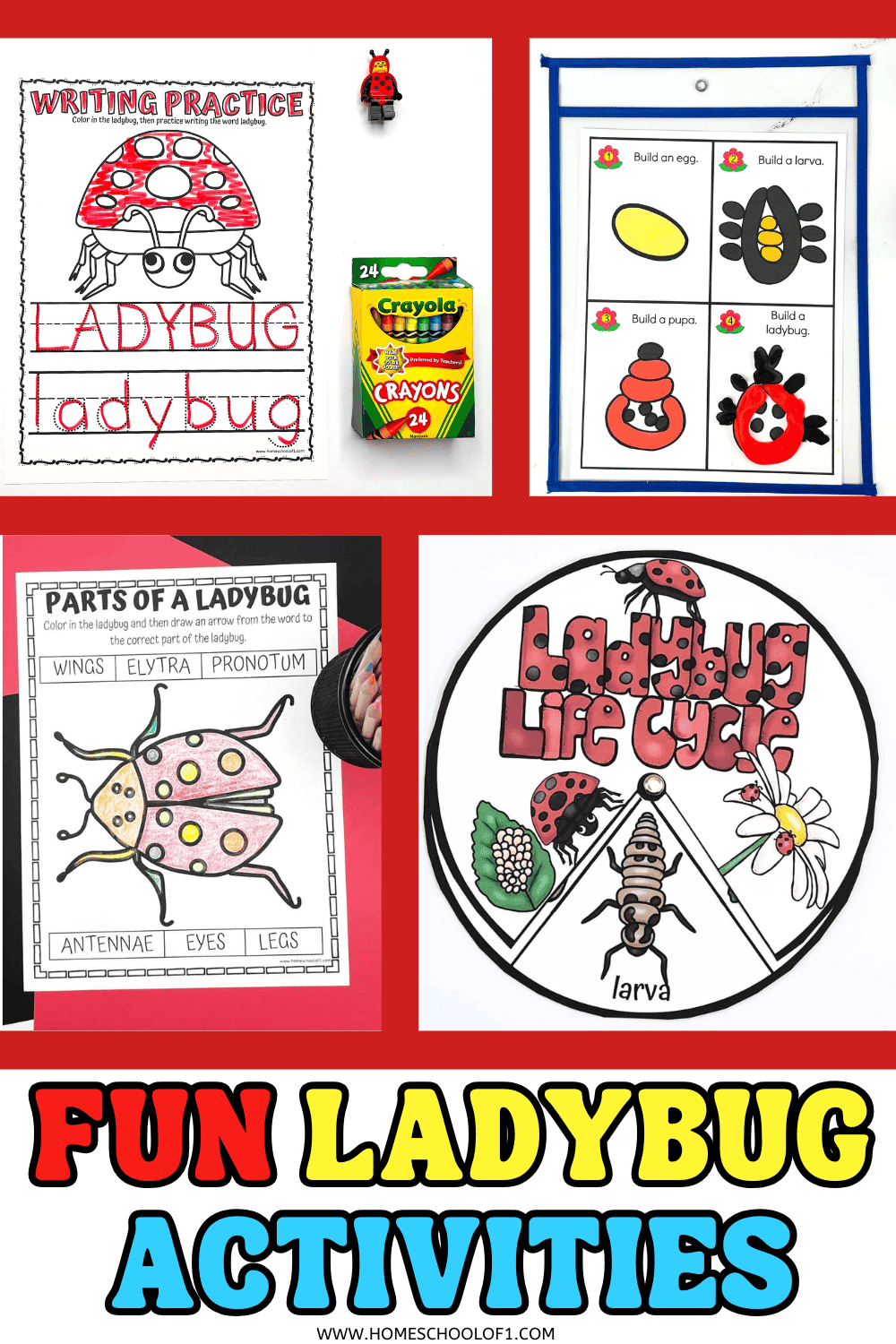 Ladybug preschool activities featuring writing, life cycle spinner, labeling worksheet, and playdough life cycle mat