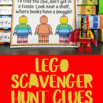 A stack of "Diary of a Wimpy Kid" books by Jeff Kinney, with a printed clue card that reads, "To find the clue, don't get in a tussle. Look near a shelf, where books have a snuggle!" The card is adorned with LEGO mini-figures, and a multicolored LEGO figure stands beside it. Below, the text "LEGO SCAVENGER HUNT CLUES" is displayed in bold yellow letters on a red background. The bottom section shows a "Chicka Chicka Boom Boom" book, a pack of Crayola crayons, and two printed clue sheets with colorful LEGO mini-figures and rhyming scavenger hunt hints.