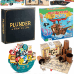 Colorful collage of the best pirate games for kids, including board games, card games, and party activities for all ages.