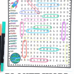 A colorful word search puzzle titled "Planet Word Search" with words like Venus, Mercury, Earth, Moon, Neptune, Stars, Spaceship, Aliens, Mars, Pluto, Saturn, Uranus, Dwarf, Planet, Jupiter, Rocket, and Sun. Several words are already circled in various colors, and illustrations of planets, a rocket, and space decor surround the page. Text at the bottom reads “PLANET WORD SEARCH” in blue, green, and orange letters.