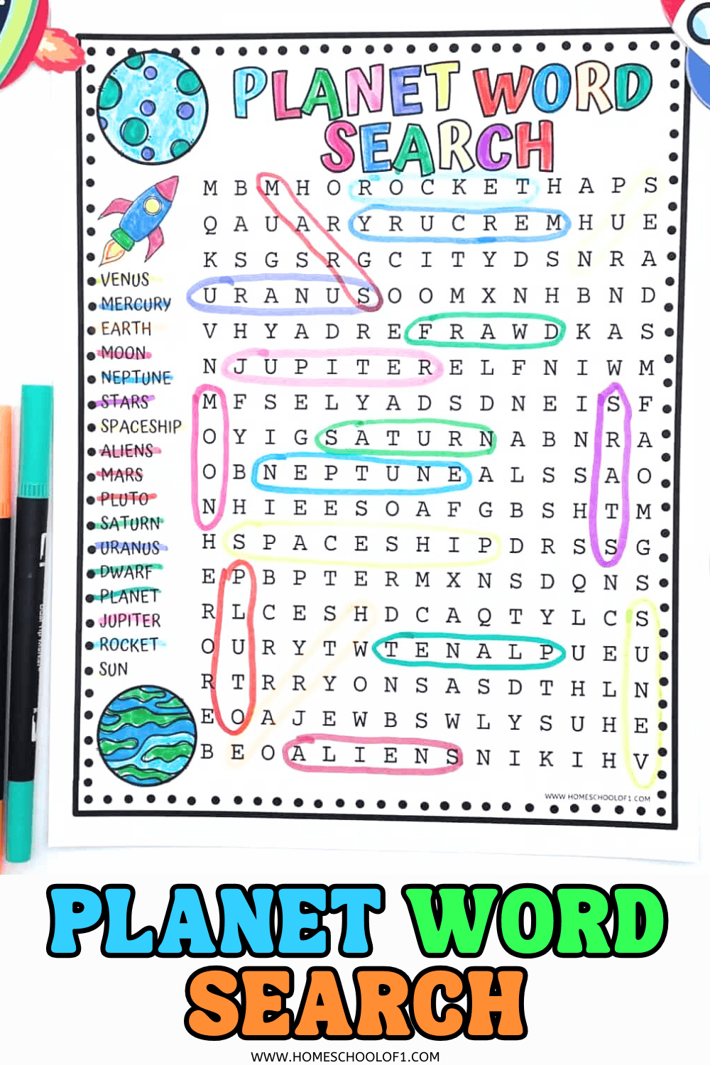 A colorful word search puzzle titled "Planet Word Search" with words like Venus, Mercury, Earth, Moon, Neptune, Stars, Spaceship, Aliens, Mars, Pluto, Saturn, Uranus, Dwarf, Planet, Jupiter, Rocket, and Sun. Several words are already circled in various colors, and illustrations of planets, a rocket, and space decor surround the page. Text at the bottom reads “PLANET WORD SEARCH” in blue, green, and orange letters.