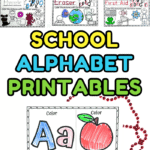 Colorful school alphabet printables for preschoolers with tracing, coloring, and letter sound matching activities.