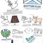 Printable Scotland coloring pages for kids featuring Scottish symbols like the map, flag, bagpipes, kilt, Shetland pony, highland cattle, purple thistle, Edinburgh Castle, and Loch Ness Monster.