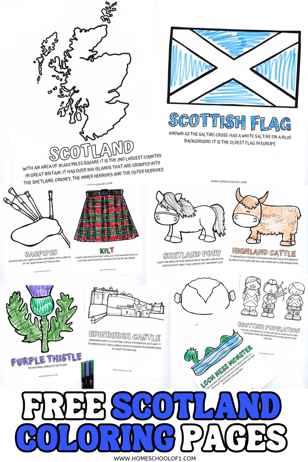 Printable Scotland coloring pages for kids featuring Scottish symbols like the map, flag, bagpipes, kilt, Shetland pony, highland cattle, purple thistle, Edinburgh Castle, and Loch Ness Monster.

