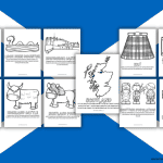 A grid of Scottish-themed black-and-white coloring pages set against a large Scottish flag backdrop. The pages feature illustrations of Scottish cultural symbols and landmarks, including bagpipes, the Loch Ness Monster, Edinburgh Castle, haggis, Highland cattle, a Shetland pony, a kilt, the Scottish flag, a map of Scotland, traditional Scottish people, and the purple thistle. Each page includes educational text related to the image.