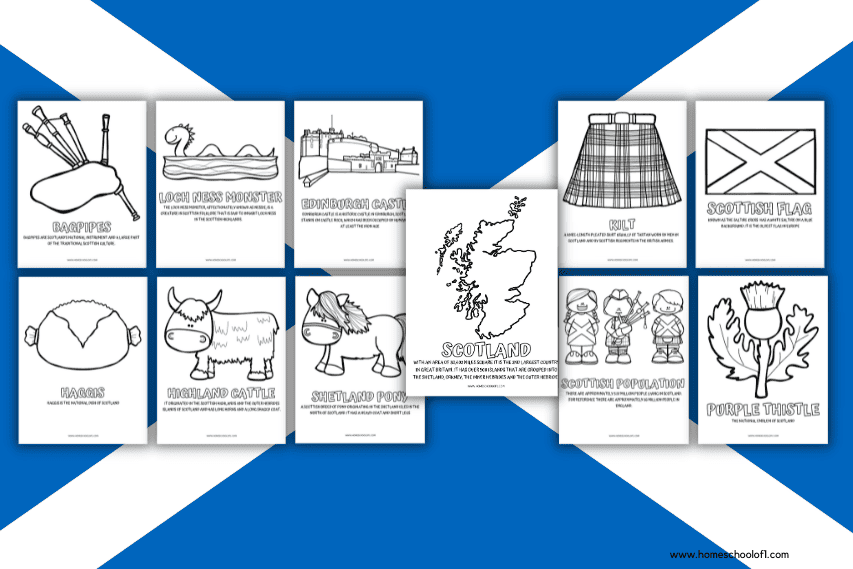 A grid of Scottish-themed black-and-white coloring pages set against a large Scottish flag backdrop. The pages feature illustrations of Scottish cultural symbols and landmarks, including bagpipes, the Loch Ness Monster, Edinburgh Castle, haggis, Highland cattle, a Shetland pony, a kilt, the Scottish flag, a map of Scotland, traditional Scottish people, and the purple thistle. Each page includes educational text related to the image.