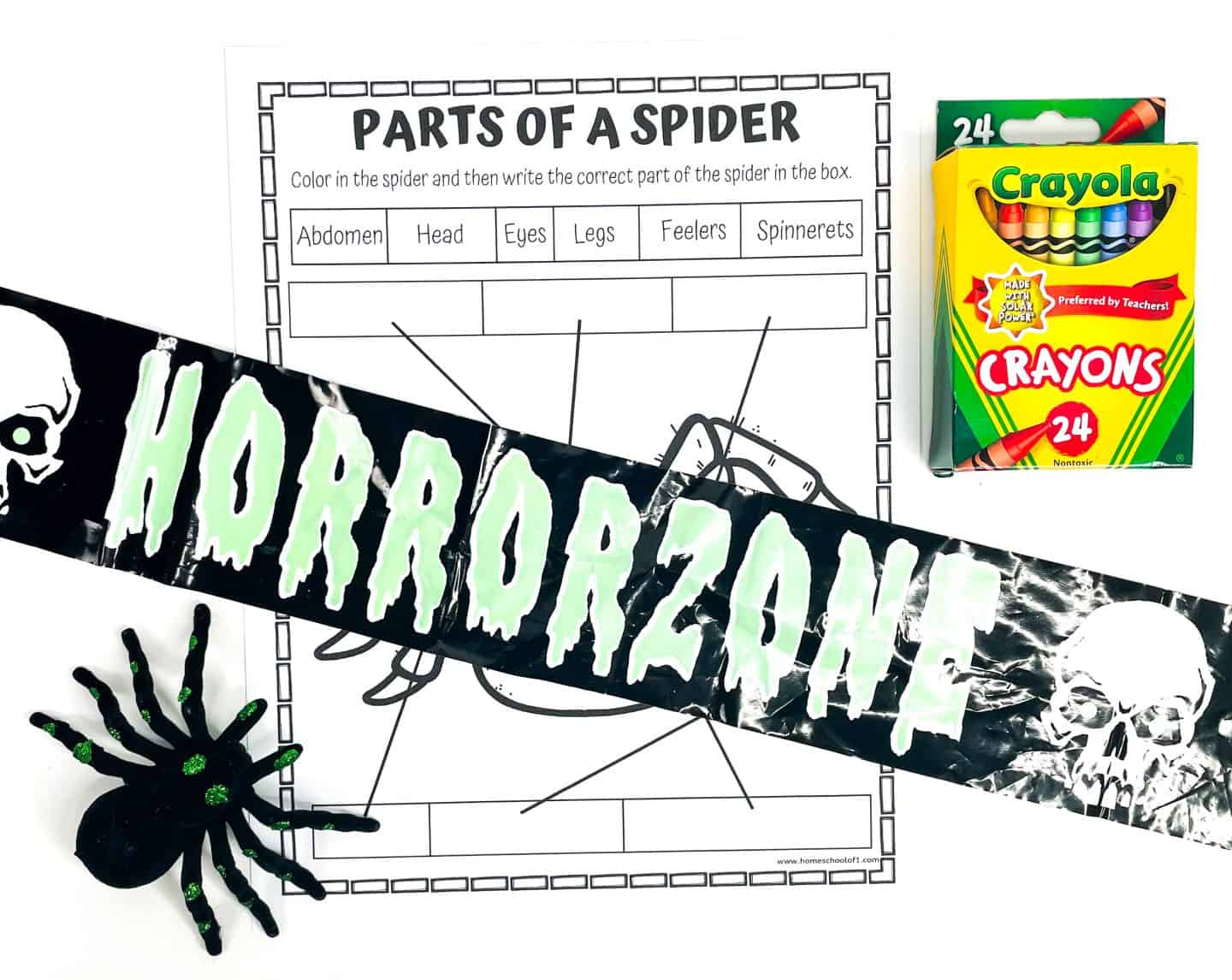 A Halloween-themed Spider anatomy worksheet for kids, with a cartoon spider and blank boxes for labeling body parts like abdomen, head, eyes, legs, feelers, and spinnerets. A black banner with green dripping letters spelling “HORRORZONE” and skull graphics stretches across the page. A toy spider and a 24-pack of Crayola crayons sit on either side of the worksheet.

