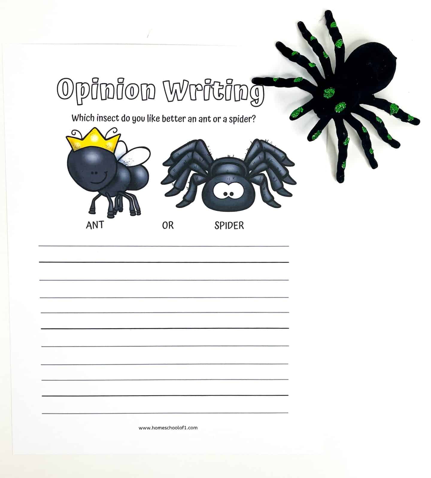 Spider life cycle worksheet featuring an opinion writing prompt that asks children to choose between an ant or a spider, with cute cartoon illustrations and wide writing lines, encouraging early learners to express thoughts while reinforcing spider-themed learning.