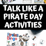 Talk Like a Pirate Day activities with pirate-themed worksheets and games like bingo, name generator, I Spy, coloring, and creative writing for kids.