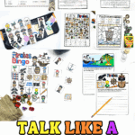 Printable Talk Like a Pirate Day activities for kids, including pirate name game, coloring pages, writing prompts, I Spy, and bingo game.
