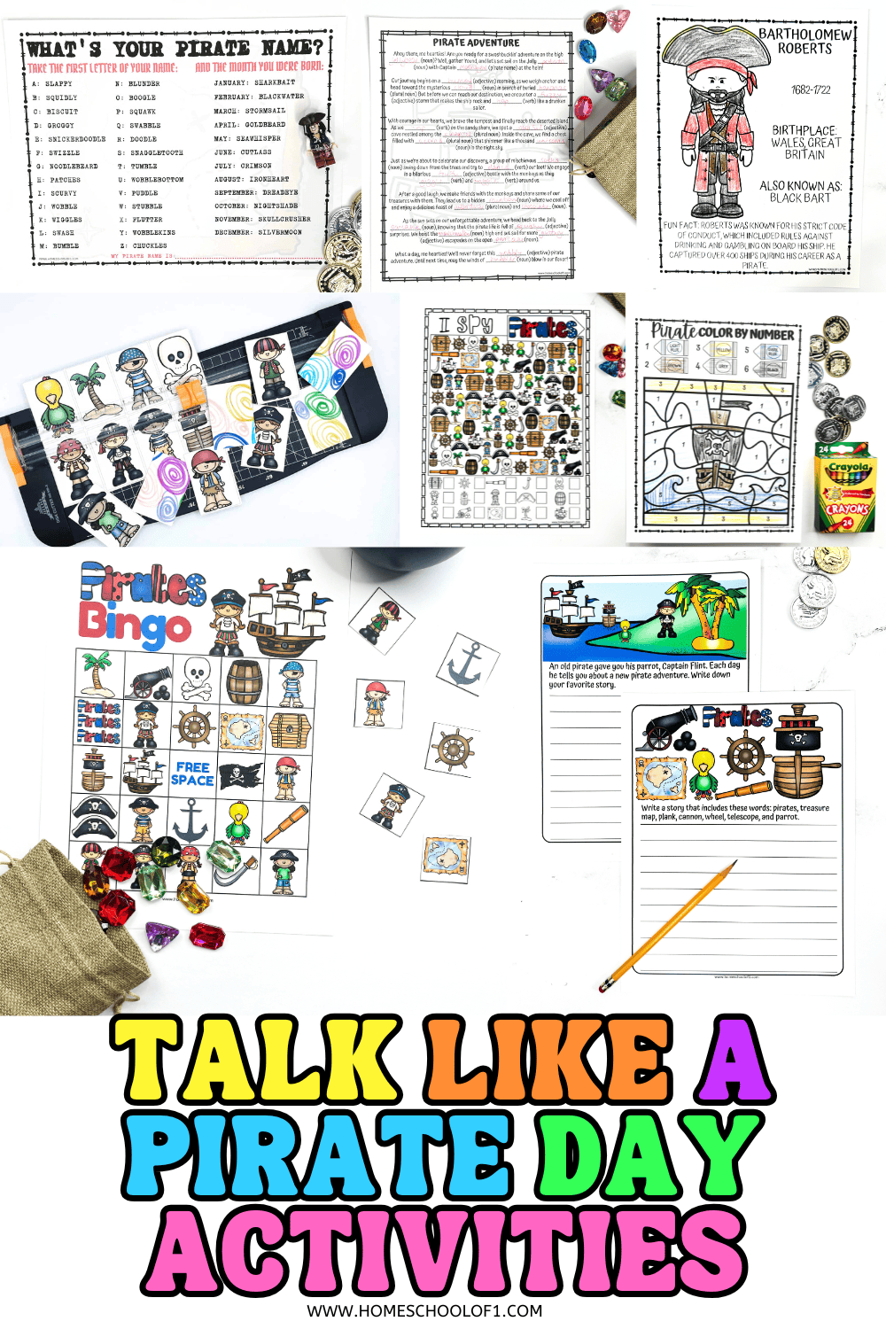 Printable Talk Like a Pirate Day activities for kids, including pirate name game, coloring pages, writing prompts, I Spy, and bingo game.