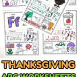 Thanksgiving ABC worksheet printables with letters, tracing lines, and holiday-themed images like turkey and jam for kids to color.