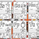 A set of six black-and-white Thanksgiving-themed alphabet worksheets is displayed against a festive pumpkin and pilgrim hat background. Each worksheet focuses on a different letter—S, C, M, F, P, and T—and includes sections to color the letter, trace a themed word, circle matching letters, and color images that begin with the same sound. The worksheets are designed for early learners to build letter recognition and phonics skills in a seasonal context.