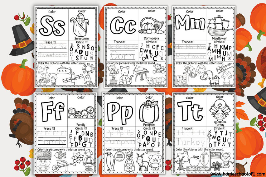 A set of six black-and-white Thanksgiving-themed alphabet worksheets is displayed against a festive pumpkin and pilgrim hat background. Each worksheet focuses on a different letter—S, C, M, F, P, and T—and includes sections to color the letter, trace a themed word, circle matching letters, and color images that begin with the same sound. The worksheets are designed for early learners to build letter recognition and phonics skills in a seasonal context.