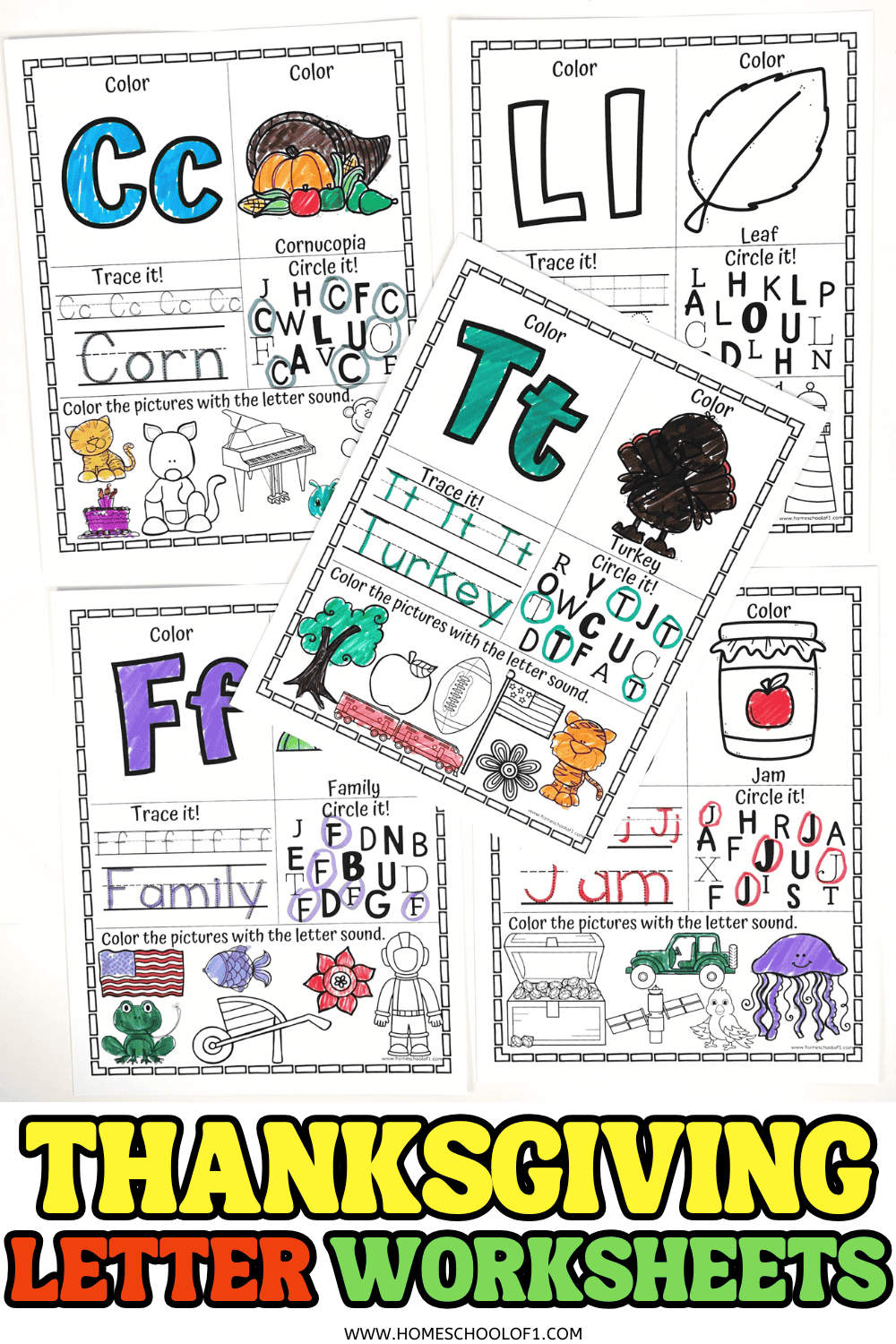 Colored Thanksgiving letter worksheets featuring tracing, phonics, and seasonal images like turkey and corn for preschool learning.
