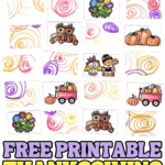 Thanksgiving memory game printable with colorful cards featuring turkeys, pumpkins, and festive characters.