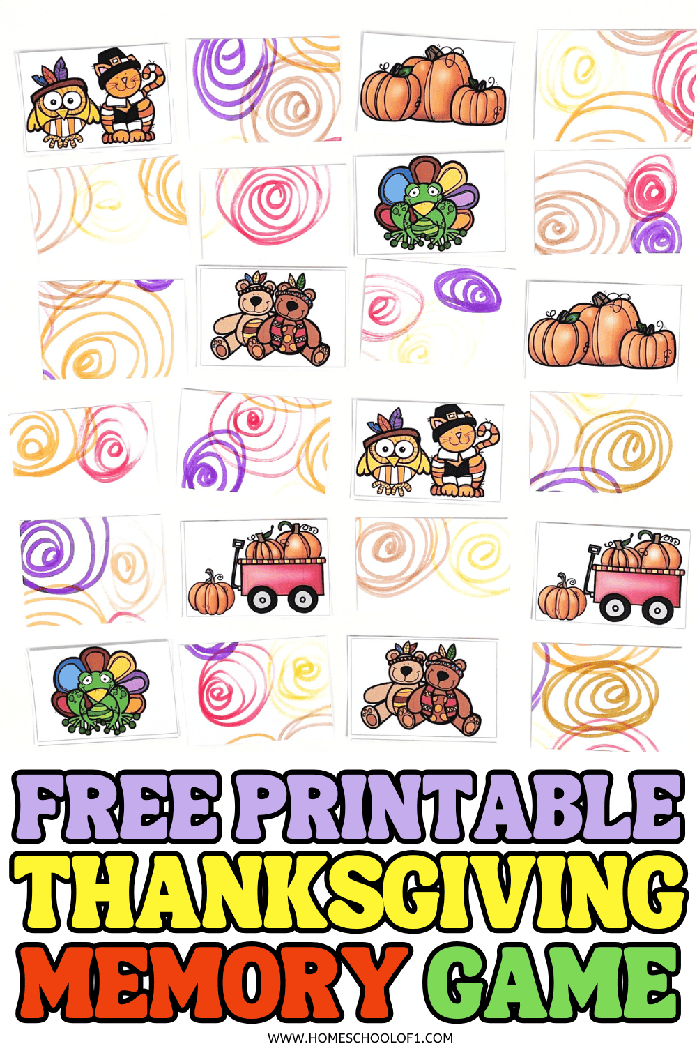 Thanksgiving memory game printable with colorful cards featuring turkeys, pumpkins, and festive characters.