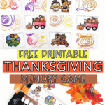 Free printable Thanksgiving memory game set with festive illustrations and cutting tools for preparation.