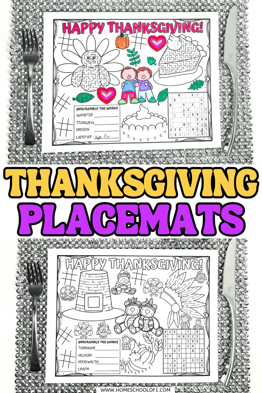 Printable Thanksgiving placemats with fun activities like coloring, word scrambles, mazes, and puzzles to keep kids busy at the table.