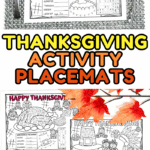 Thanksgiving activity placemats with coloring, puzzles, mazes, and word scrambles for kids to enjoy during holiday meals.