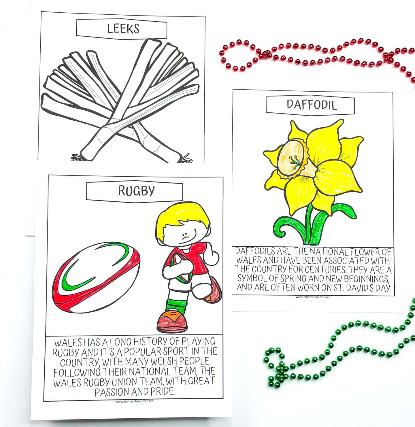 Three Welsh-themed coloring pages are displayed. One features cartoon leeks, another shows a bright yellow daffodil with green leaves labeled as the national flower of Wales, and the third includes a rugby player with a red and green rugby ball, emphasizing Wales' strong rugby culture. The pages include educational descriptions beneath each illustration. Red and green beaded necklaces are placed around the pages as decoration.