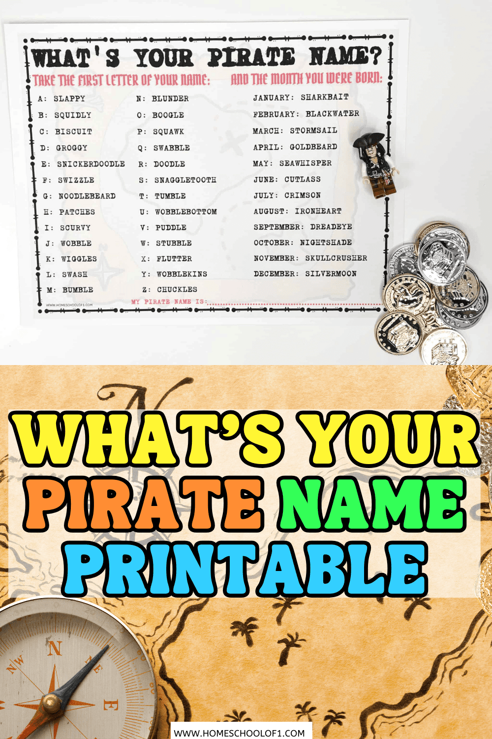 What's Your Pirate Name free printable chart using first name and birth month to create funny pirate names for kids.