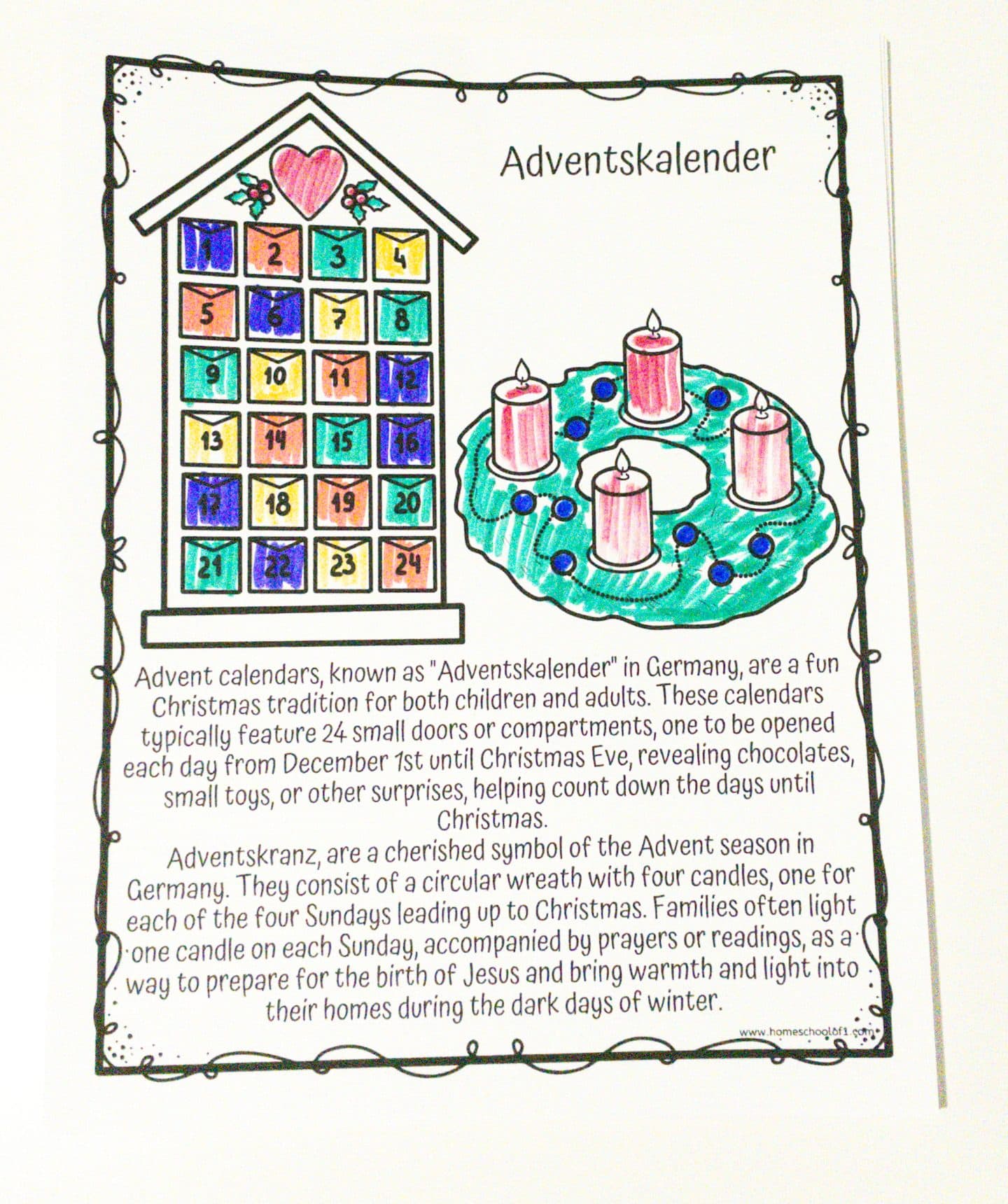 Coloring page titled “Adventskalender” showing a colorful advent calendar with 24 numbered doors and a green Advent wreath with four red candles. The text below explains the German traditions of the Advent calendar and Adventskranz, describing how they help count down the days to Christmas and bring light during winter. The page is partially colored with red, green, blue, purple, and yellow.