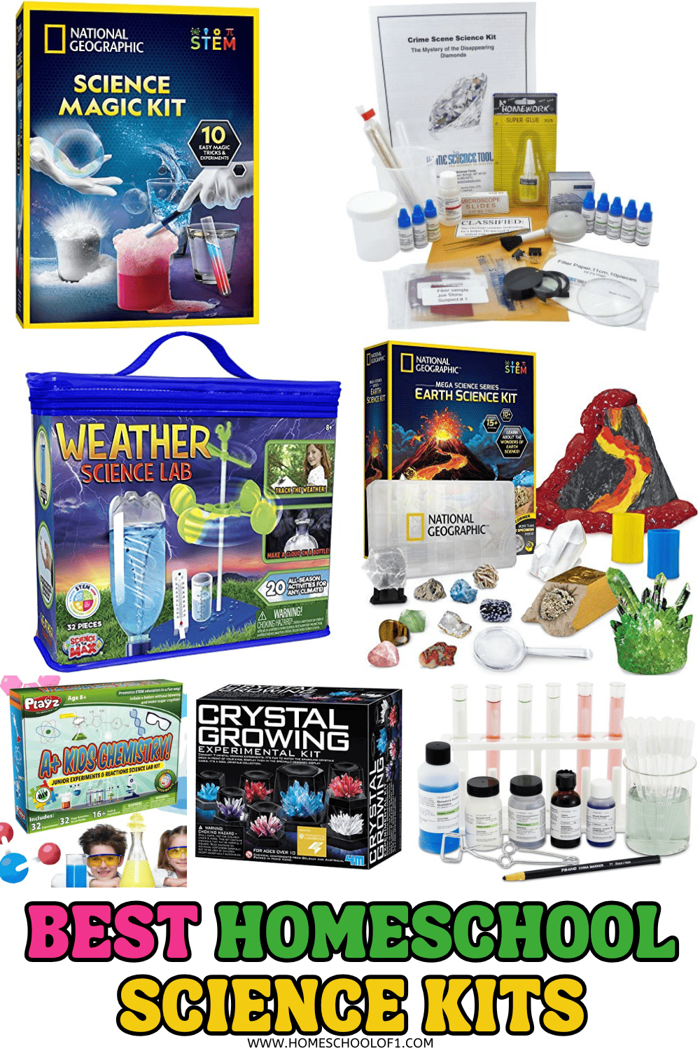Best homeschool science kits featuring geology, crystal growing, chemistry, and weather labs for fun STEM learning at home.