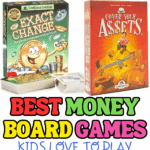 Collage of the best money board games for kids including Exact Change, Cover Your Assets, Pay Day, Monopoly Junior, Allowance Game, Money Bags, The Game of Life, The Entrepreneur Game, and Cashflow for Kids.