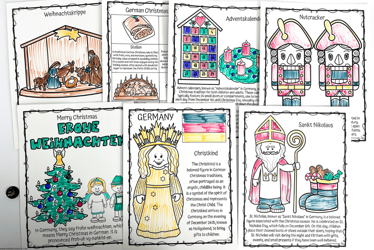 Set of Christmas in Germany coloring pages for kids, each showcasing a different German holiday tradition with brief educational text and festive illustrations. Featured topics include Advent calendars, nutcrackers, the Christkind, Sankt Nikolaus, Stollen, nativity scenes, and the German phrase “Frohe Weihnachten.” The pages are partially colored with vibrant shades and designed for holiday learning fun.