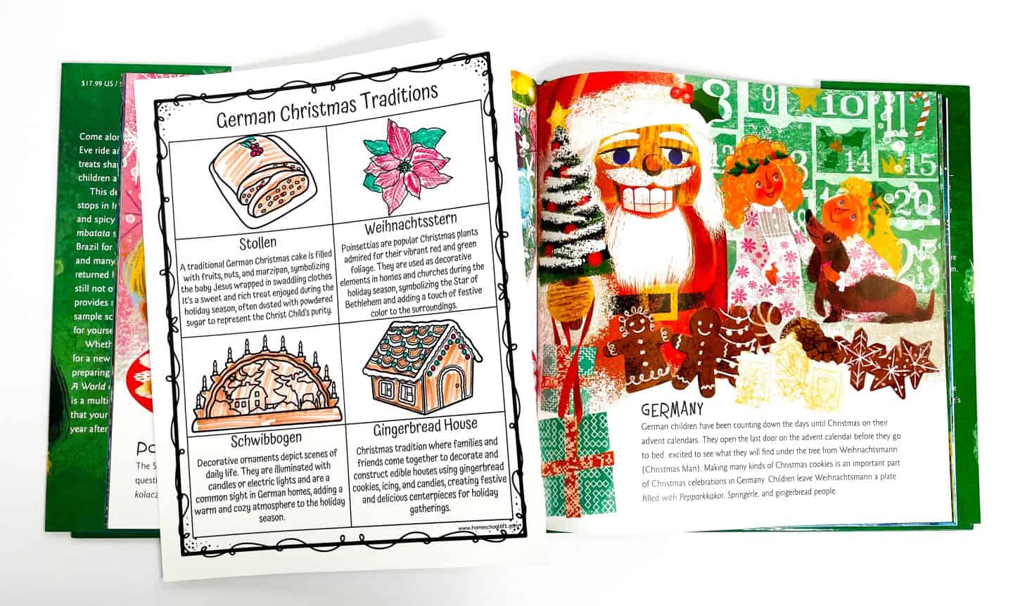 Coloring worksheet titled "German Christmas Traditions" featuring four illustrated and labeled items: Stollen (a holiday cake), Weihnachtsstern (poinsettia plant), Schwibbogen (arched candle decoration), and a Gingerbread House. The sheet includes short descriptions of each tradition. It's placed over an open book showing colorful illustrations of Santa Claus, Christmas cookies, and children celebrating German holiday customs with an advent calendar in the background.