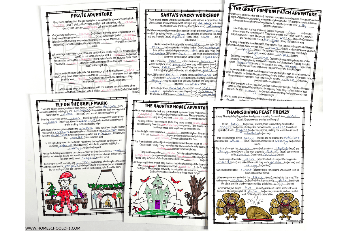 Six printable Mad Libs worksheets with handwritten responses, each with a different holiday or seasonal theme: Pirate Adventure, Santa’s Wacky Workshop, The Great Pumpkin Patch Adventure, Elf on the Shelf Magic, The Haunted House Adventure, and Thanksgiving Feast Frenzy. Some pages include hand-drawn and colored illustrations like elves, haunted houses, and Thanksgiving turkeys.