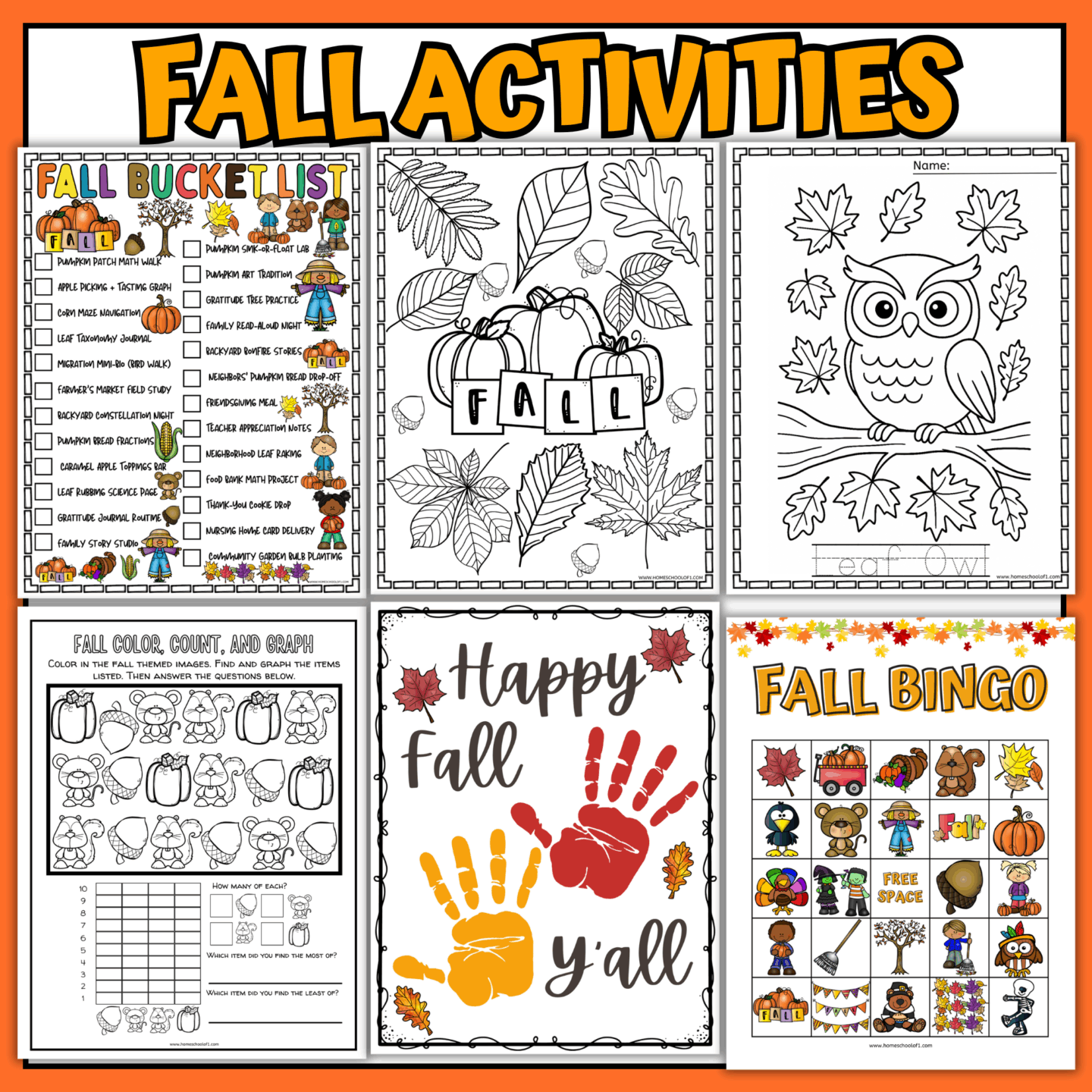 Fall activity bundle pages with bucket list, coloring sheets, handprint art, graphing, and fall bingo for kids.