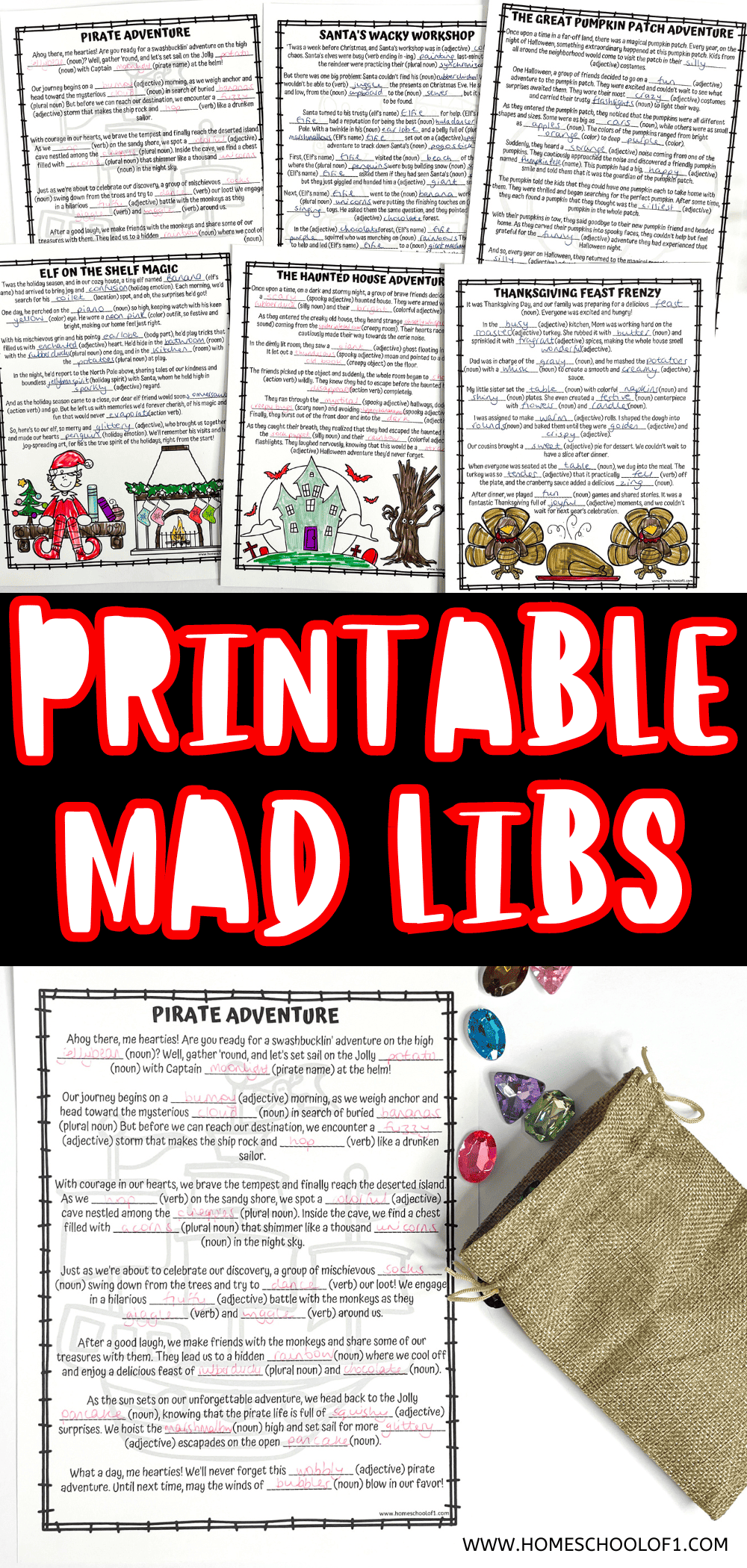 A collage of printable Mad Libs worksheets with holiday themes, including Pirate Adventure, Santa’s Wacky Workshop, The Great Pumpkin Patch Adventure, Elf on the Shelf Magic, The Haunted House Adventure, and Thanksgiving Feast Frenzy. Each sheet features fill-in-the-blank stories completed with handwritten words and colored illustrations, with the words “Printable Mad Libs” in bold red and white text in the center.