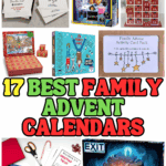 Collage of 12 creative and interactive family advent calendars including games, puzzles, music tokens, and personalized wooden calendars.