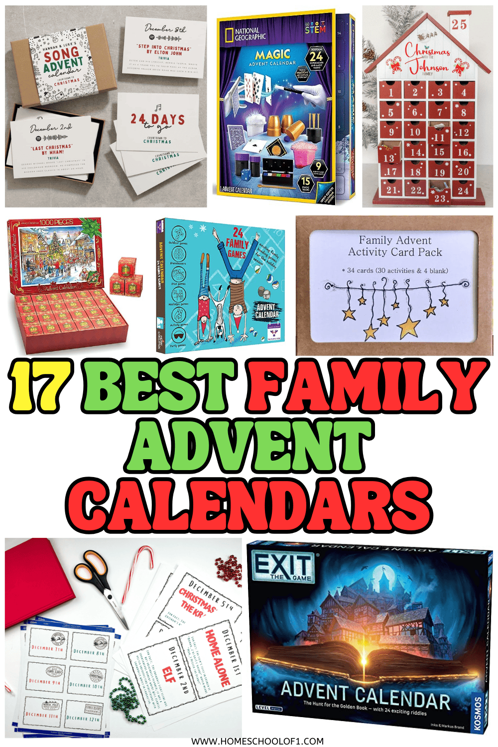 Collage of creative and interactive family advent calendars including games, puzzles, music tokens, and personalized wooden calendars.

