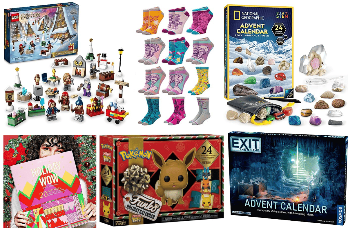 A vibrant collage of advent calendars for teen girls, featuring LEGO Harry Potter mini-figures, collectible socks, a National Geographic rock and fossil kit, an EXIT escape room puzzle calendar, a Pokémon Funko Pop set, and a colorful beauty calendar held by a smiling teen.