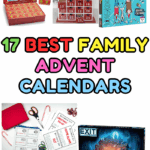 Vertical collage showing family advent calendars with puzzles, tokens, activity cards, wooden calendar houses, and printable movie ideas.