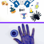 Child’s hand painted dark blue with bat handprint Halloween craft template and stickers