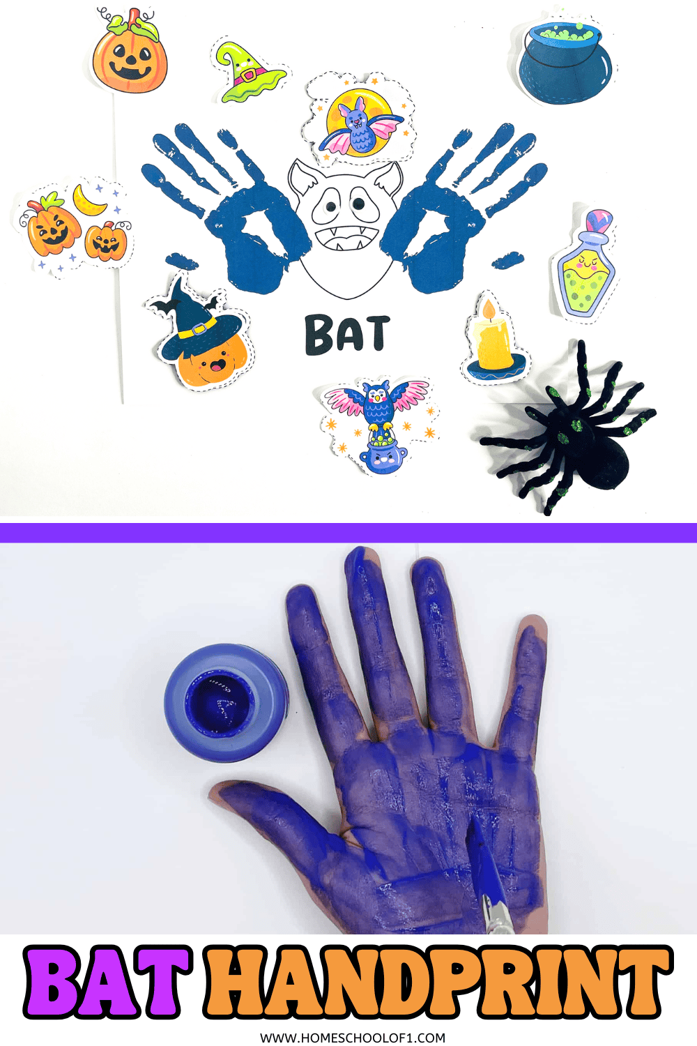 Child’s hand painted dark blue with bat handprint Halloween craft template and stickers

