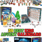 Collage of kids' advent calendars including LEGO, CoComelon, National Geographic, charm bracelet, science kits, and Harry Potter options.