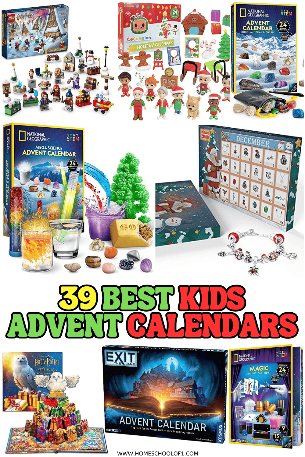 Collage of kids' advent calendars including LEGO, CoComelon, National Geographic, charm bracelet, science kits, and Harry Potter options.

