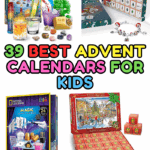 Colorful collage of children’s advent calendars including LEGO Harry Potter, CoComelon, National Geographic science kits, jigsaw puzzle, charm bracelet, EXIT escape room, and more.