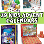 Variety of kids' advent calendars shown, including LEGO, CoComelon, National Geographic STEM kits, a jigsaw puzzle, Harry Potter, and EXIT game.
