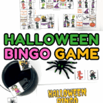 Collection of Halloween bingo boards laid out on a white background with candy corn and matching cards in a small cauldron.