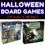 Collage of Halloween board games for kids and families, featuring Scream, Zombie Kittens, Taco Cat Goat Cheese Pizza, Ticket to Ride Ghost Train, Arkham Horror, Goosebumps the Board Game, and Disney’s Haunted Mansion