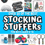 Flat lay of small Christmas gifts for boys ages 8–14 including gadgets, books, fidgets, puzzles, and school supplies.
