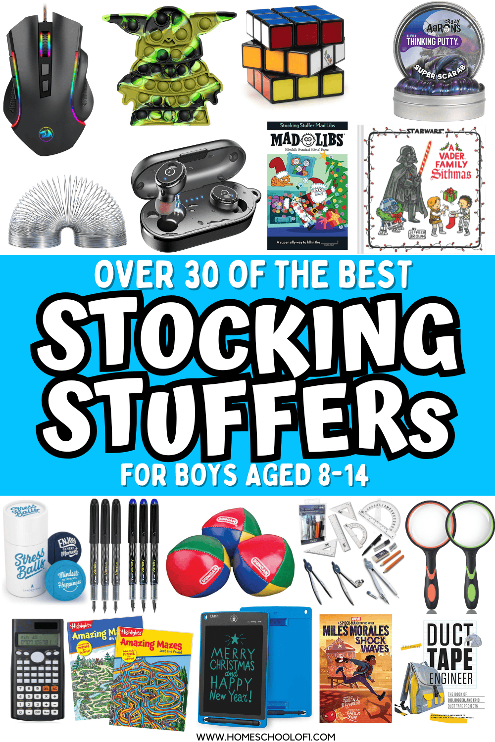 Flat lay of small Christmas gifts for boys ages 8–14 including gadgets, books, fidgets, puzzles, and school supplies.