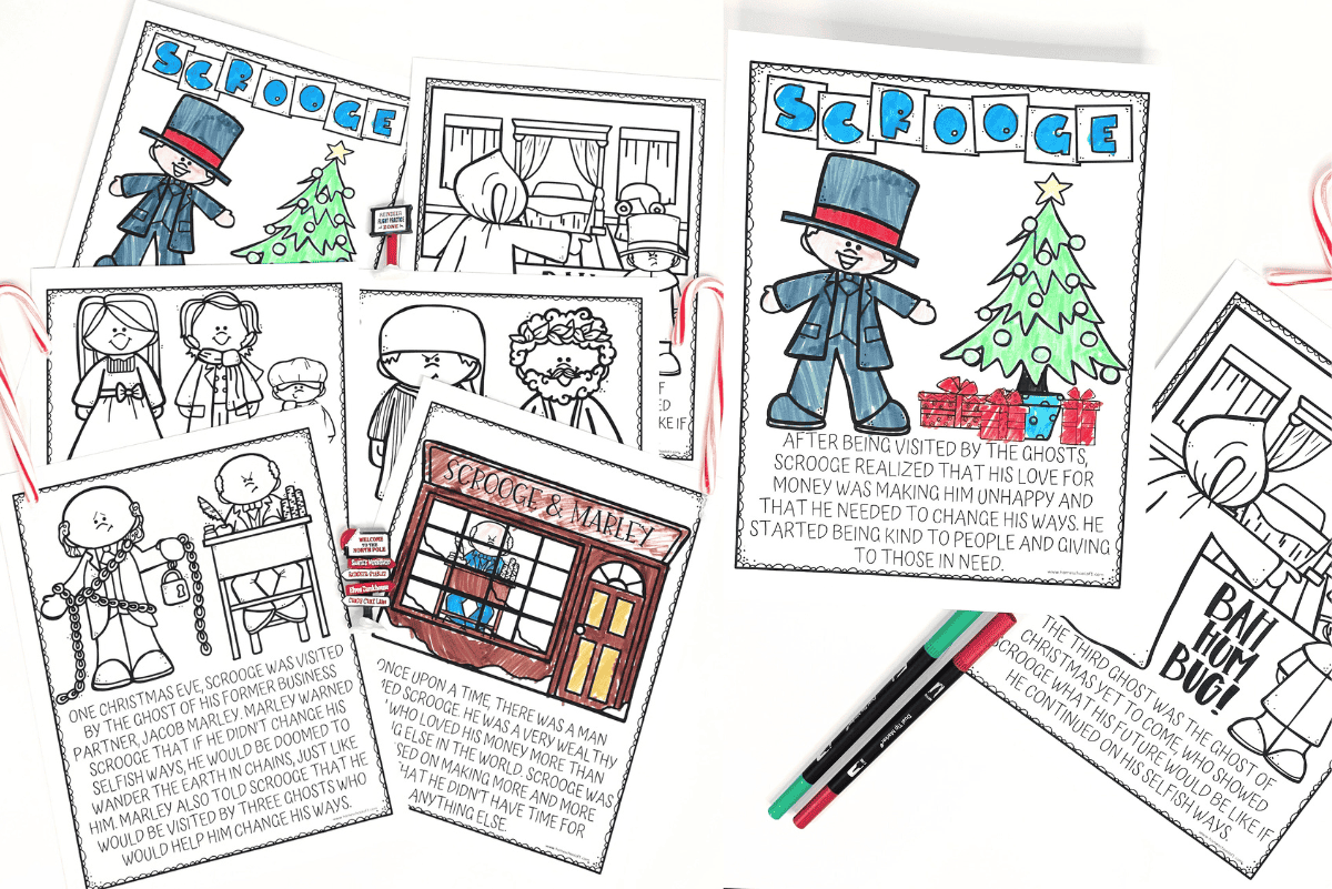 Colorful A Christmas Carol coloring pages for kids featuring Scrooge, Marley, Christmas ghosts, and key scenes from Dickens’ story, with crayons and candy canes.