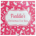 Personalized red and white wooden Christmas Eve box for kids featuring festive icons like reindeer, snowflakes, trees, and labeled “Freddie’s Christmas Eve Box.”